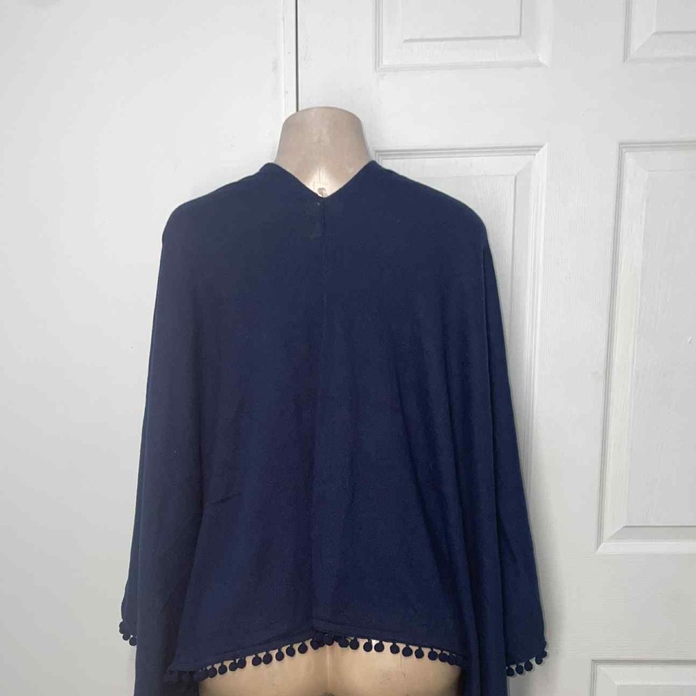 Chico's Deep Blue Poncho with Pom Pom Detail - Picture 2 of 4